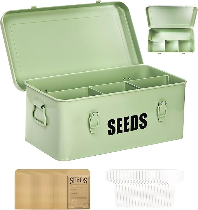Seed Storage Organizer Box with 4 Compartments, Large Metal Seed Packet Container with Lid & Safety Locks, Garden Seed Bin for Saving Seeds with 50 Plant Labels, 20 Envelopes