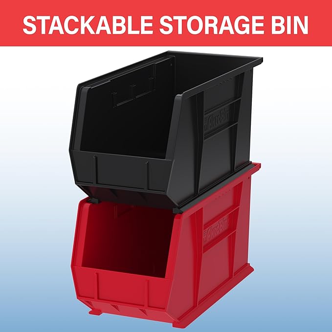 Akro-Mils 30265 AkroBins Plastic Storage Bins, Space-Saving Stackable Bins for Garage, Pantry, Craft Organization, 18-" x 8.25-" x 9-", Black, 6-Pack