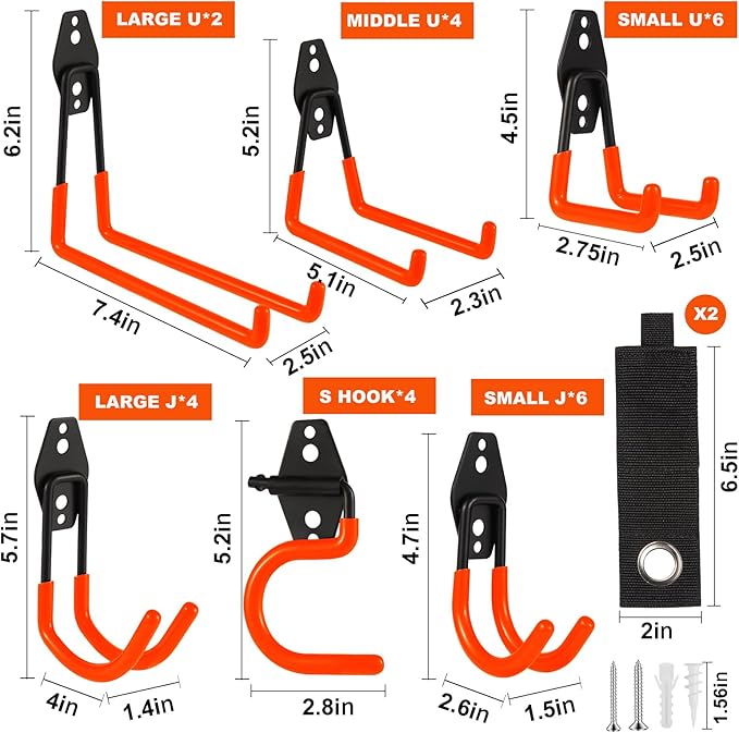 Garage Hook Heavy Duty Wall Storage Hangers, 28 Pack Garage Storage Hooks Steel Tool Orange for Ladders, Ropes, Garden Tools