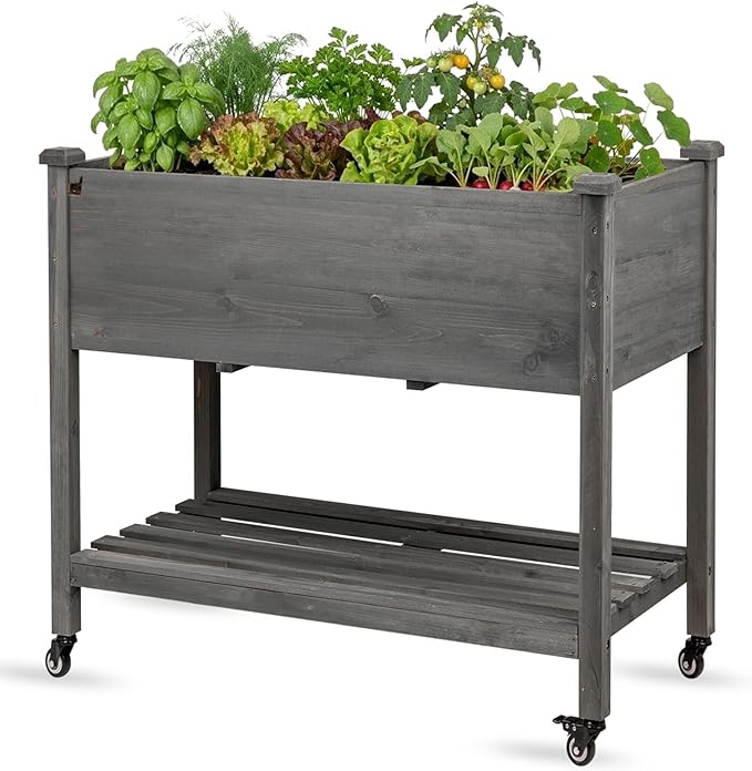 Raised Garden Bed with Lockable Wheels, 32x16x32 inch Elevated Wood Planter with Storage Shelf Protective Liner for Vegetable Flower Herb Outdoor Balcony Patio Backyard, Grey