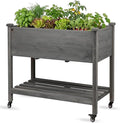 Raised Garden Bed with Lockable Wheels, 32x16x32 inch Elevated Wood Planter with Storage Shelf Protective Liner for Vegetable Flower Herb Outdoor Balcony Patio Backyard, Grey