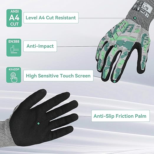 Safety Work Gloves, Impact Gloves for Men Women, Cut Resistant Non-Slip Heavy Duty Gloves with Nitrile Grip, Touch Screen Glove with Impact Protection for Mechanic Construction, Large, Camo