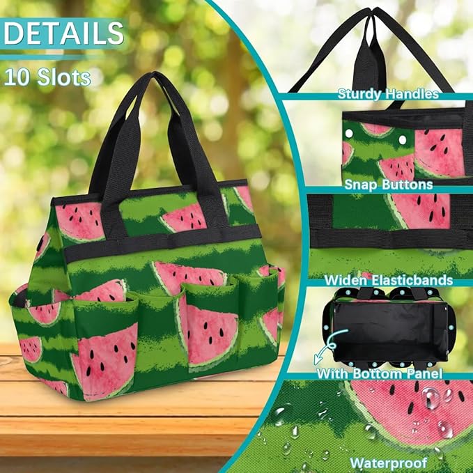 Garden Tool Bag Organizer Garden Tote Bag with Pockets Cute Watermelon Watercolor Tool Storage Organizer Gardening Tool Kit Holder 13" x 6.8" x 2.8"