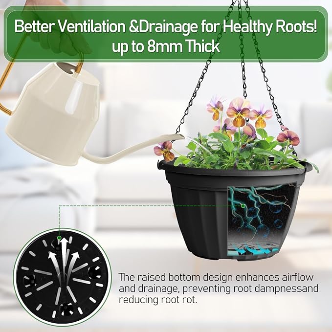 FGstyle Hanging Planters 10 Inch, 4 Pcs Self Watering Pots for Indoor Plants,Plastic Hanging Basket with Soil Elevator and 20" Chain for Home Garden Porch Balcony Patio Decor(Black)