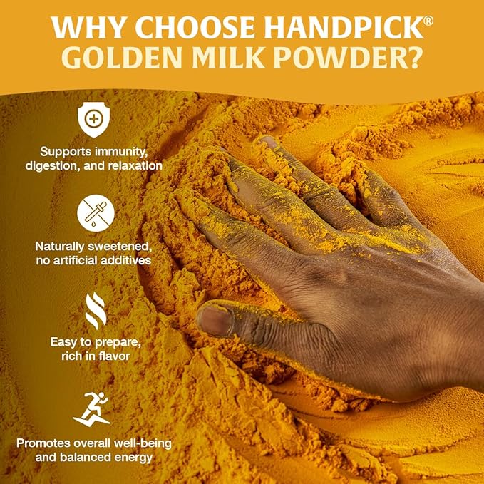 HANDPICK Golden Milk Powder with Turmeric - (7oz, 80 servings) Instant Latte Mix | Blend of Ginger, Black Pepper and Curcumin