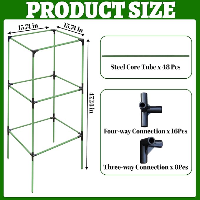 2 Pack Tomato Cages for Garden,Square Tomato Plant Cage Support Heavy Duty Pole 57*15.4*15.4 Inches,Steel Plant Tower Stakes,Cherry Tomato Trellis Cucumber for Climbing Vegetables Flowers Fruits-Green