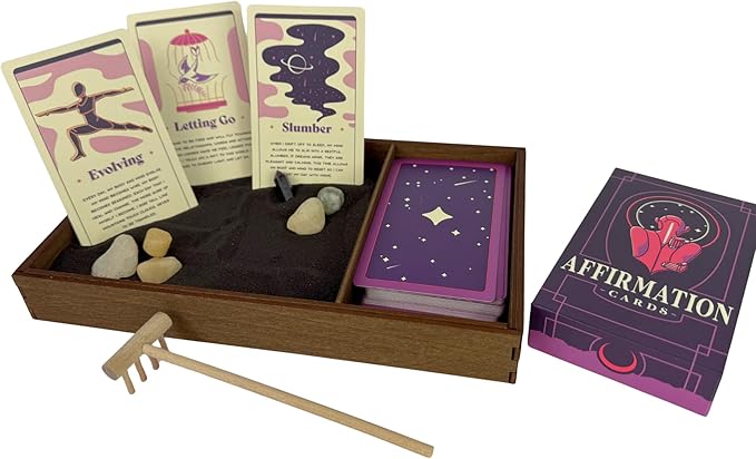 Wooden Zen Garden with Daily Affirmation Cards for Women and Men | Midnight Purple Sand with Rake & Amethyst Wand | Affirmations for Mindfulness, Meditation, and Inspiration | Beautiful 52 Card Deck
