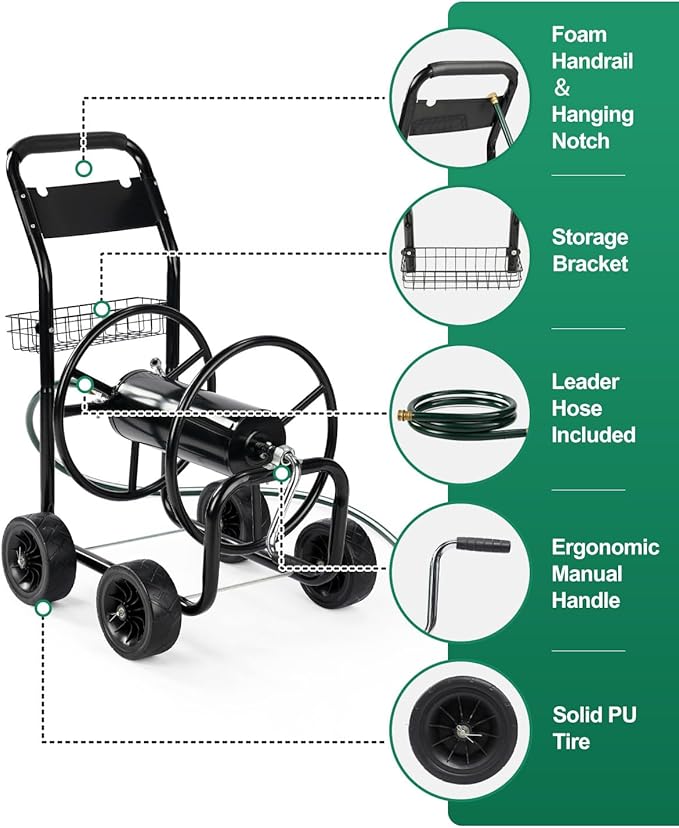Outvita Garden Hose Reel Cart, Lawn Water Planting Cart with Wheels, Heavy Duty Outdoor Yard Water Planting Truck Holds 300-Feet of 5/8-Inch Hose with Storage Basket for Patio Farm(Black)