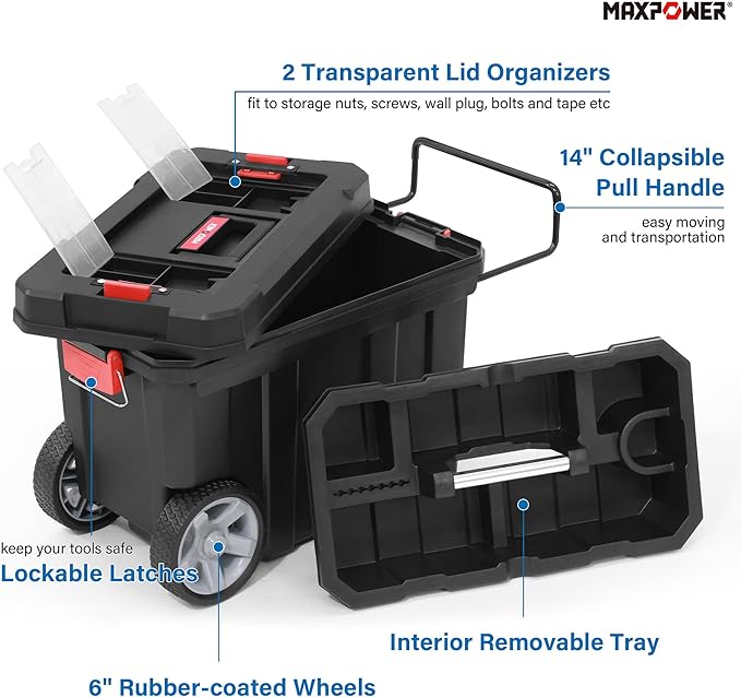 MAXPOWER Rolling Tool Box with Wheel, 8 Gallon Storage Capacity Deep Tool Box, Lockable Latches, Removable Tray, Black Toolbox