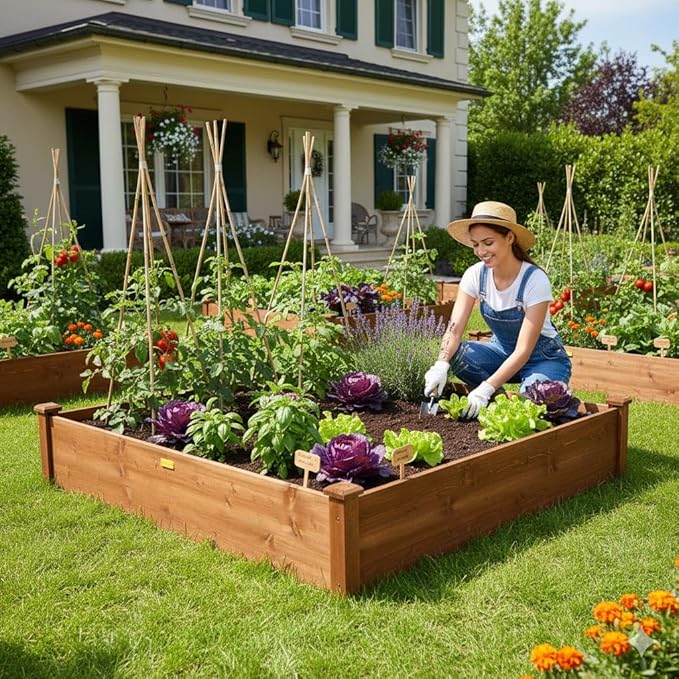 Hollyone 48" X 48" inches Wood Raised Garden Bed Frame Planters Wooden Elevated Planting Planter Box for Outdoor Herb Vegetables Flowers Grass Lawn Yard Patio - Brown 4×4ft
