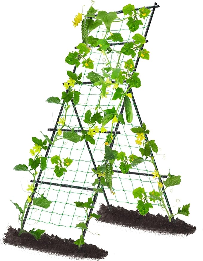 Cucumber Trellis for Raised Bed, 6ft Metal A-Frame Garden Trellis for Climbing Plants Outdoor Support Vine Fruits Grape Vegetable Squash Tomato Pea Bean Trellis, with Netting, Black