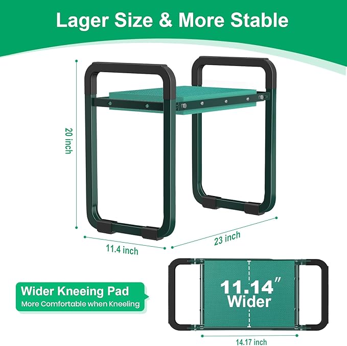 TomCare Garden Kneeler and Seat 11.14” Wider Larger Soft Kneeling Pad Garden Bench with 2 Large Tools Pouches Heavy Duty Foldable Garden Stool Gardening Gifts for Women Men Gardeners Seniors, Green