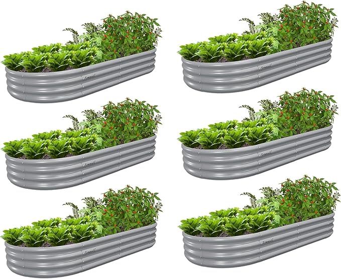 6 Pack 6x3x1FT Galvanized Raised Garden Bed Kit Oval Metal Ground Planter Box Outdoor Bottomless Planter Raised Beds for Vegetables Flowers Herbs Fruits, Gray