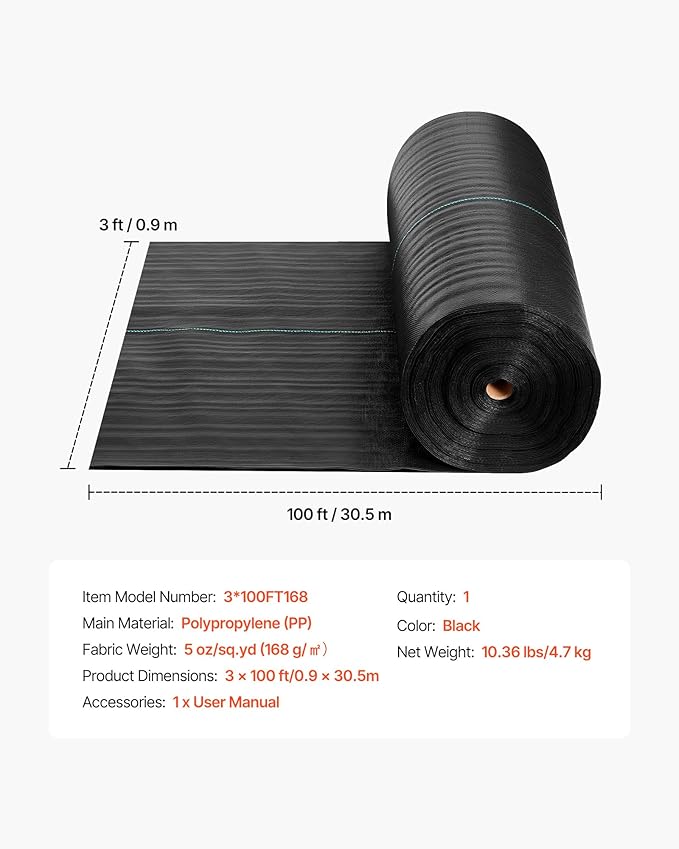 VEVOR Weed Barrier Fabric Heavy Duty, 3x100FT 5oz Landscape Fabric, Woven Weed Blocker Fabrics, Garden Fabrics Weeds Barrier, Weeds Control Ground Cover, Geotextile Webbing, Gardening Mat, Black
