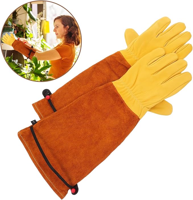 VICASKY Thorn Proof Gardening Gloves Long Sleeve Goat Leather and Brown Cowhide Protective Work Gloves for Outdoor Gardening, Welding, and Beekeeping, Size L