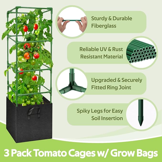 3 Pack Tomato Cages with 17 Gallon Grow Bags - 48 Inch Square Plant Support Trellis Tomato Planter Pots Kit - Garden Stakes for Vertical Climbing Plants Vegetable Flower Fruit Outdoor Indoor