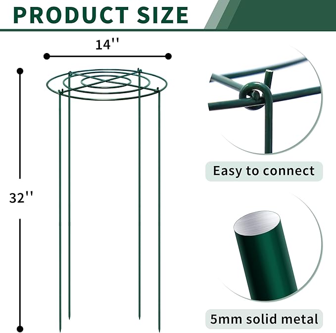 SYITCUN 8pack Peony Cages and Supports, 14 x 32 Inch Four Legs Peony Cage, Heavy-Duty Peonies Support Cages, Peony Ring for Roses, Hydrangeas, Sage, Peonies, Cucumbers, Tomato