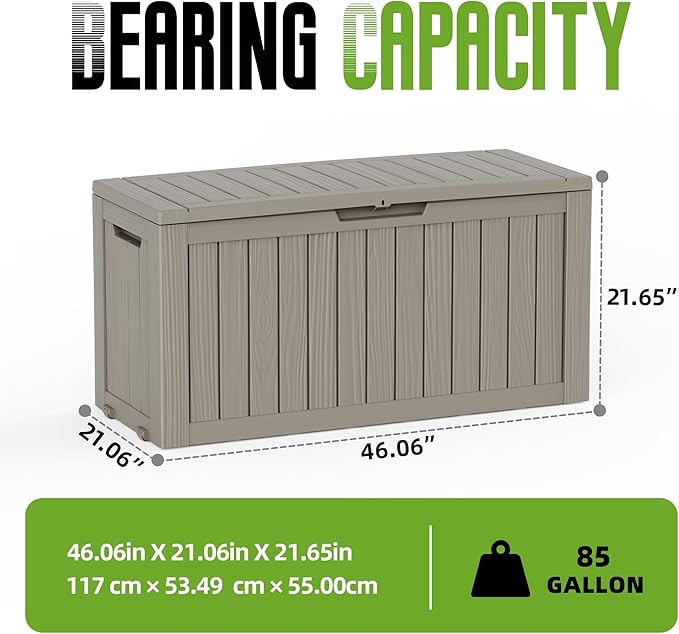 85 Gallon Outdoor Storage Deck Box Waterproof Resin Lockable Outside Bench Porch Patio Furniture Pool Float Garden Tool Cushion UV Resistant Bin Beige