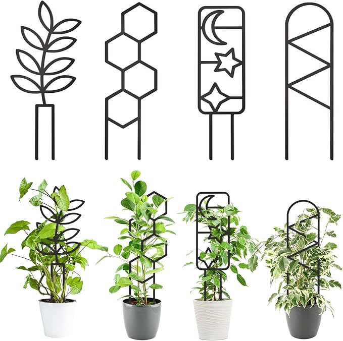 4 Pcs Indoor Plant Trellis for Climbing Plants, Small Trellis for Potted Plants, Garden Metal Trellis Plant Support Trellis with Different Patterns for Vine Ivy Flower (Unique)