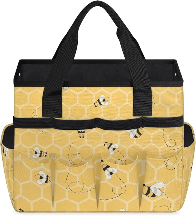 Honeycomb Bee Garden Tool Bag for Women Waterproof & Reusable Heavy Duty Gardening Tote Storage Organizer Toiletry Bag with 10 Pockets for Garden Lawn Yard Casual Camp