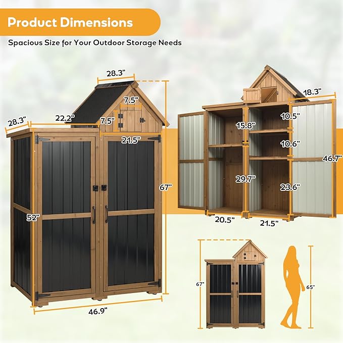 PetsCosset Outdoor Storage Cabinet Wood & Metal Garden Shed with Lockable Doors, 3 Adjustable Shelves, Weatherproof Patio Backyard Storage for Tools & Garden Supplies