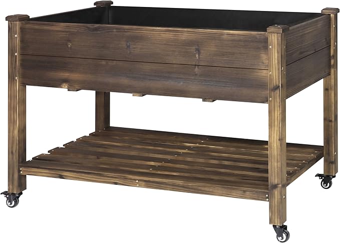 VEIKOU 48x24x33in Cedar Raised Garden Bed, Planter Raised Beds with Lockable Wheels, Storage Shelf, Raised Garden Beds Outdoor for Backyard, Patio, Balcony, Rustic
