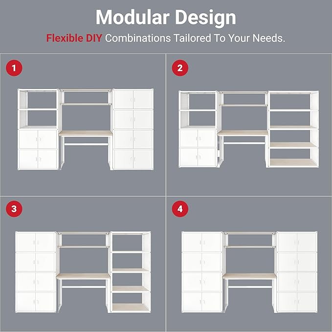 FLEXIMOUNTS Modular Garage Storage Cabinet System, All-in-One Garage Cabinet Set with Workbench & Pegboard, Full 8-Door Enclosed Heavy Duty Steel Tool Organization System, White, FLEXIMOD Series