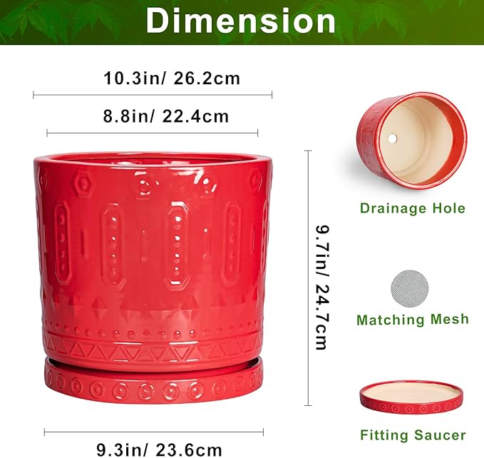 Eightpot 10 Inch Plant Pot, Ceramic Pots for Plants for Indoor Outdoor Plants, Round Planter with Drainage Hole and Tray, Boho Decorative Flower Pots, Front Porch Decor, Gifts for Plant Lovers, Red