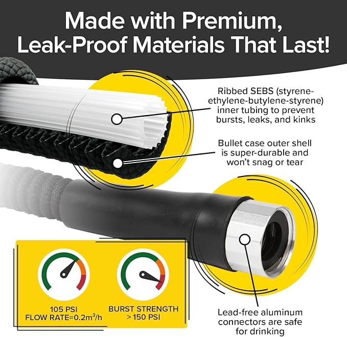 Pocket Hose Silver Bullet 100 ft Turbo Shot Nozzle Multiple Spray Patterns Expandable Garden Hose 3/4 in Solid Aluminum Fittings Lead-Free Lightweight and No-Kink, Black