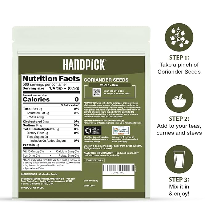 HANDPICK Whole Coriander Seed (283g/10oz) Premium Grade | Pure & Flavorful Coriander Seeds - Indian Origin | Non GMO, Gluten Free | Perfect for Cooking & Seasoning | Resealable Ziplock Pouch
