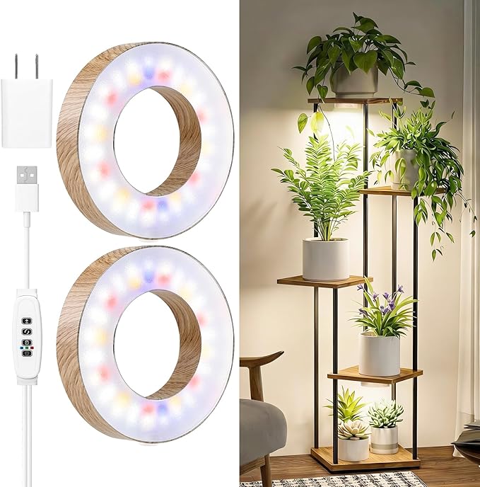 3CCT Grow Lights for Indoor Plants, 96 Full Spectrum LED Plant Light for Indoor Growing with Enhanced Red & Blue, 4/8/12H, 10-Level Dimmable, 2 in 1 Small Ceiling Grow Light Wood Grain, 2-Head