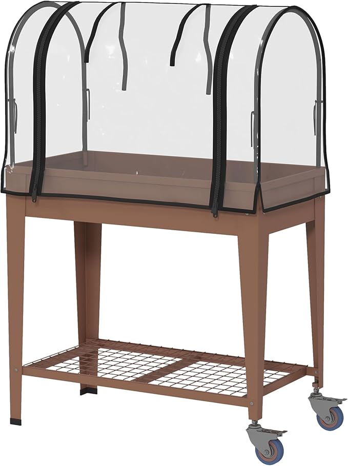 Outsunny Raised Garden Bed with Greenhouse Cover, Large Metal Outdoor Elevated Planter Box with Lockable Wheels, Storage Shelf and Drainage Hole for Vegetables, Flowers, Herbs, Brown