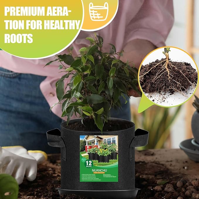 12 Sets 2 Gallon Grow Bags with Plant Saucers, Durable Fabric Plant Pots with Handles, Aeration Drainage Planter Bags for Planter, Reusable Garden Bags Drip Trays Set for Indoor Outdoor
