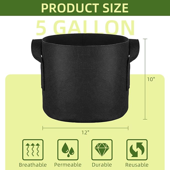 24 Pack 5 Gallon Grow Bags, Heavy Duty Thickened Aeration Fabric Pots with Handles for Vegetable/Flower/Plant