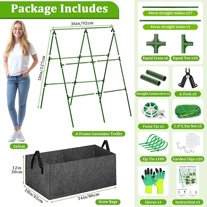 Cucumber Trellis with Grow Bag, 50 x 36 Inches Reusable Garden Vegetable Trellis with Fabric Raised Bed, Climbing Net and Plant Support Clips for Greenhouse Climbing Plants