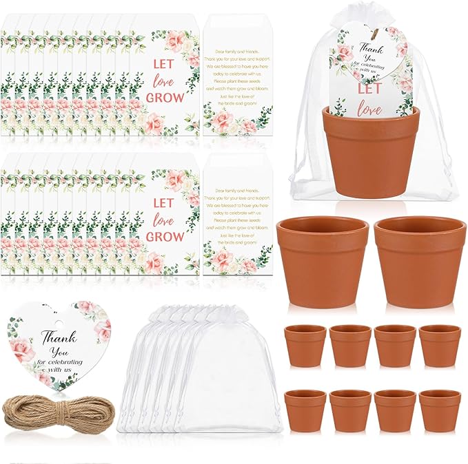 Ctosree 50 Sets Let Love Grow Wedding Favors for Guests Self Adhesive Seed Packets (Seed Not Include) Terracotta Flowerpot Thank You Tags and Organza Gift Bags for Bridal Shower Wedding Party Favors