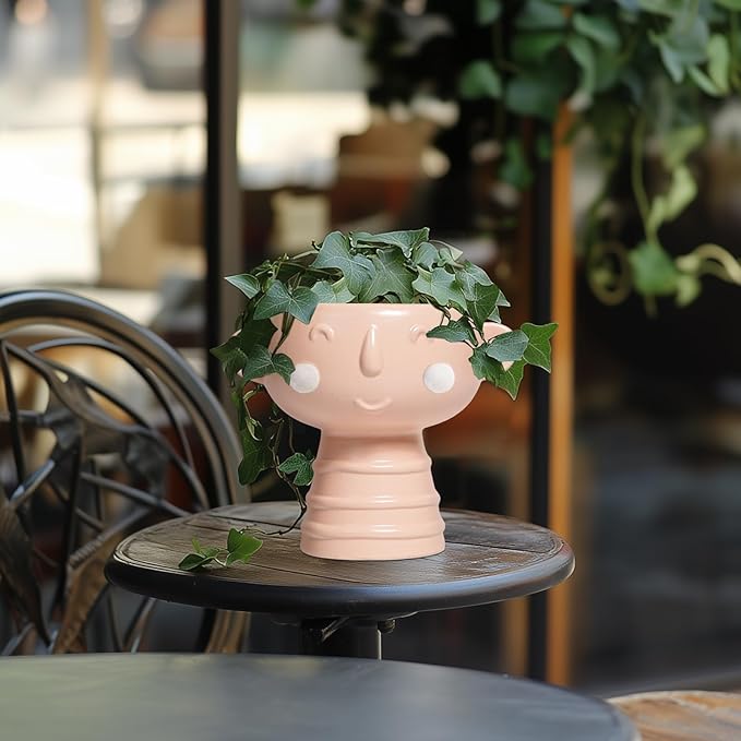 Face Planter Pots Head 7 Inch - Ceramic Face Pot for Plants Indoor Outdoor, Cute Decorative Plant Pots with Drainage Hole, Succulent Planters, Living Room Decor, Valentine Gifts, Matte Pink