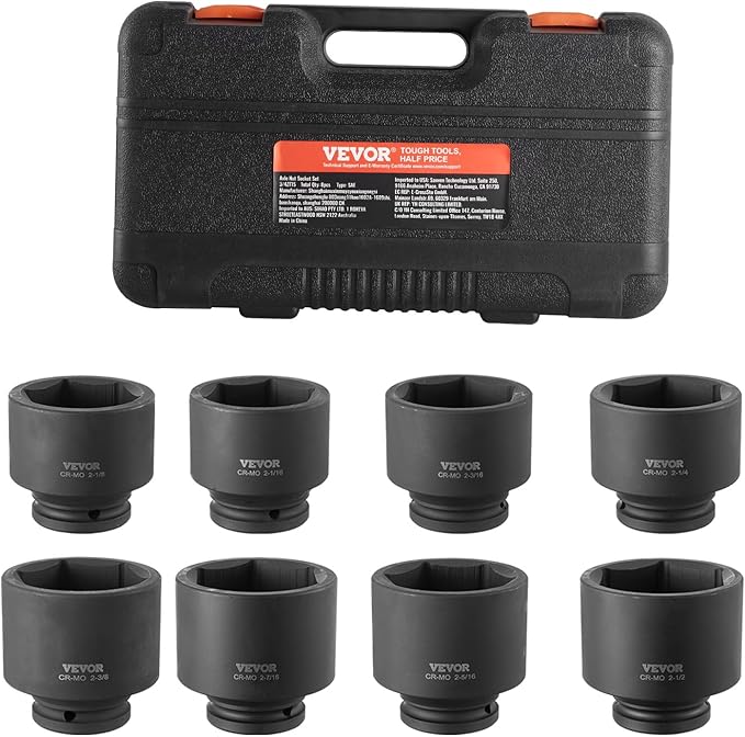VEVOR Axle Nut Impact Socket Set - 3/4" Drive 6-Point 8-Piece SAE Spindle Nut Socket CR-MO Heat Treated Large Socket Set with Storage Case for Auto Repair, Removing or Installing Axle Nuts