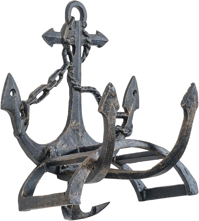 MyGift Brown Heavy Duty Cast Iron Outdoor Garden Hose Hanger Wall Mounted Water Hose Holder Reel with Vintage Scrollwork Design (Ship Anchor)