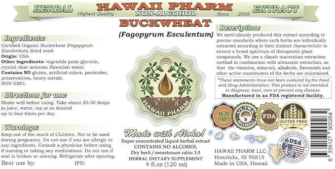 Hawaii Pharm Buckwheat Alcohol-Free Liquid Extract, Buckwheat (Fagopyrum Esculentum) Dried Sprouting Seed Glycerite Natural Herbal Supplement 15x4 oz