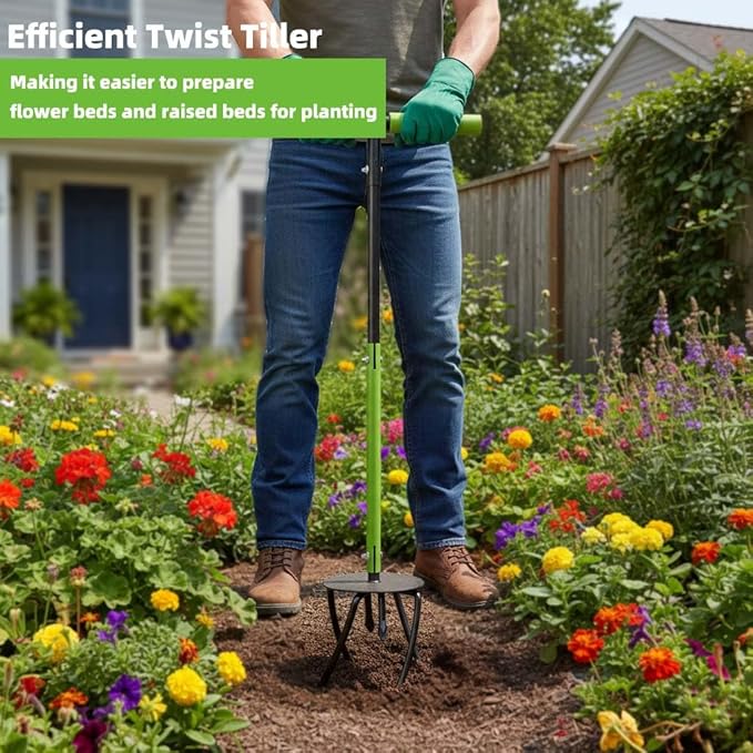 Hand Tiller Cultivator, Manual Twist Tiller with Sharp Arrow Tines, Extra-Wide Foot Plate Tills Effortlessly, Manual Tiller for Gardening, Soil Loosening, Flower Beds & Raised Beds