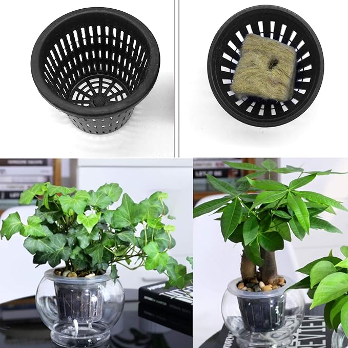 Iceyyyy 76Pcs Hydroponics Mesh Net Cup Kit - 20 Packs 2 Inches Slotted Mesh Net Pot Cups, 36Packs 1.5x1.5x1.5Inch Stonewool Starter Plugs, 20 Article Self Watering Cotton Wick Cord for Hydroponics