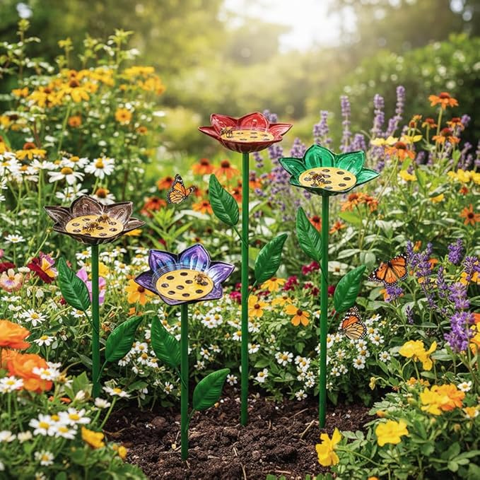 dreamysoul 4 Pack Bee Watering Station, Decorative Metal Bee Bath with Colorful Flower Design for Garden Yard Decor