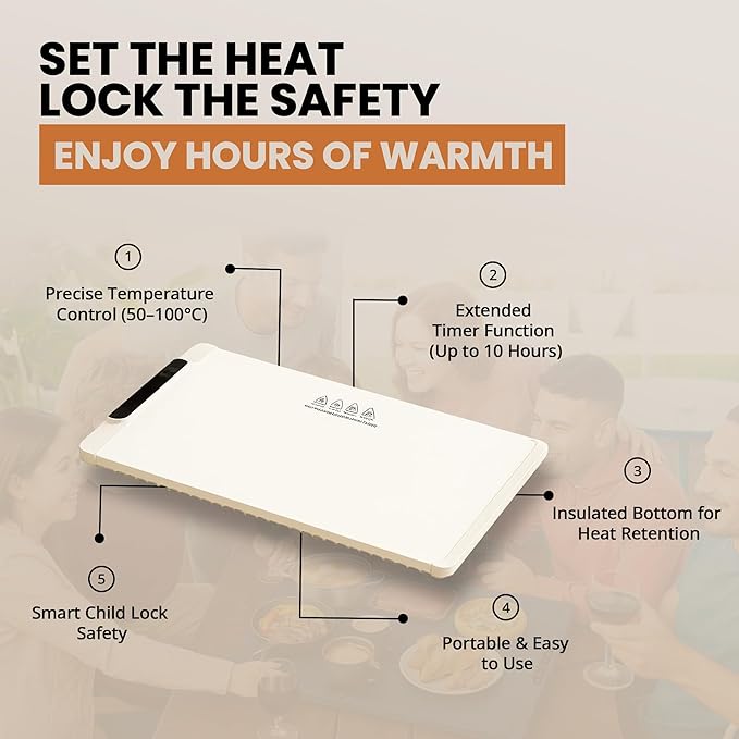 26"x15" Beige Electric Food Warming Silicone Mat - 10 sec Fast & Even Heating Tray with upto 10 Hrs Timer, 50-100°C Adjustable Temp, Child Lock & Safety Edge - Portable Warmer Pad for Kitchen & Buffet