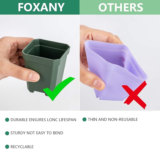 foxany 3" Plants Nursery Pot, 30 Pcs Thick Plastic Square Planting Pots, Plant Seedling Pots, Seed Starting Pots with 30 Saucers - Black-Green
