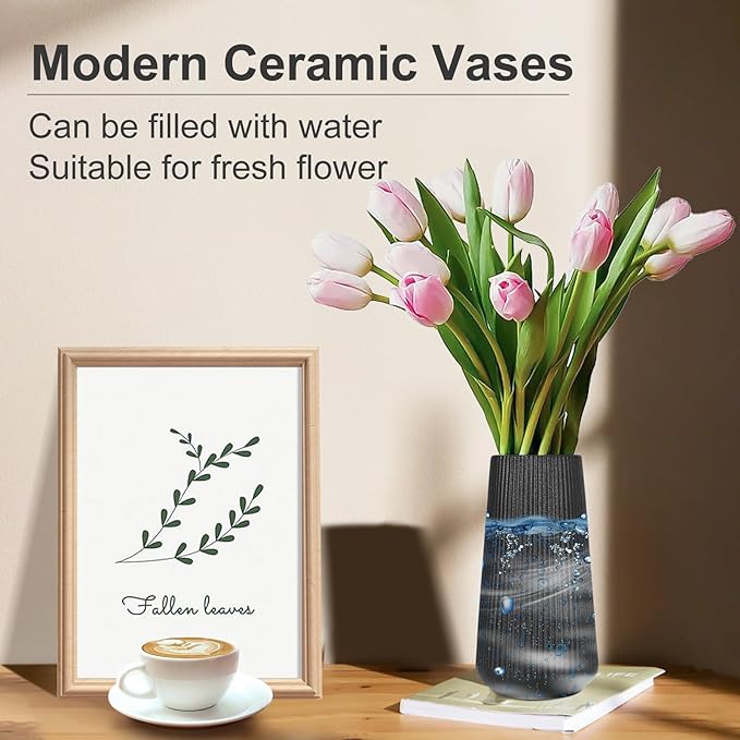 Matte Black Ceramic Vase, GUKJOB Small Cute Flower Vase for Pampas Grass, Home, Living Room, Dining Table, Farmhouse, Office Decor, Bedroom, Table, and Kitchen Shelf (Matte Black)