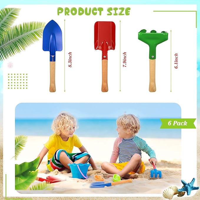 Tarpop 9 Pcs Kids Gardening Tools Set, Metal Kids Yard Tools with Sturdy Wooden Handle Safe Children Beach Sandbox Toy Sand Play Kit for Flower Soil Planting Loosening Digging, Trowel, Rake, Shovel