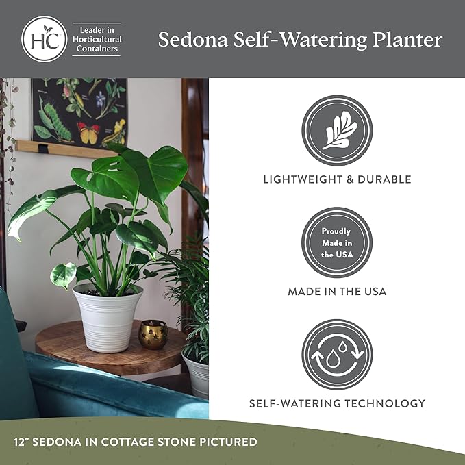 The HC Companies 7 Inch Sedona Round Self Watering Planter Pots, Lightweight UV-Resistant Plastic Indoor & Outdoor Planters, 4-Pack Flower Pots for Garden & Home Decor, Wild Red