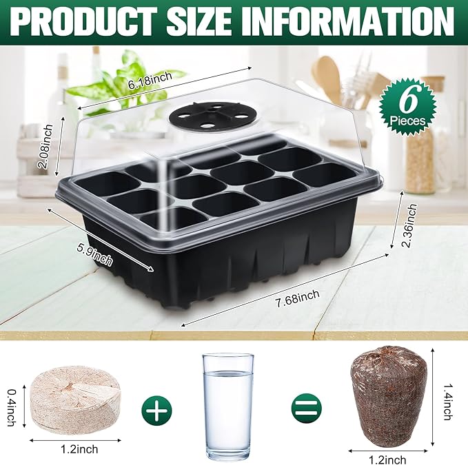 6 Pack Seed Starter Tray with 72 Pcs Peat Pellets, Seeding Starter Kit (72 Cells Total Tray) with Humidity Dome, Soil Plant Germination Tray Kit for Flower Vegetable(Black)