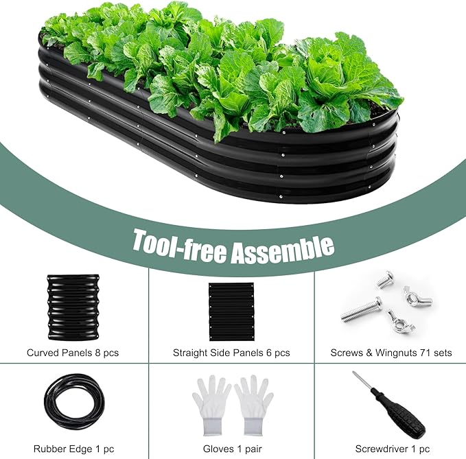 12" Tall Black Oval Metal Raised Garden Bed Outdoor - 7x3ft Galvanized Steel Planter Box for Vegetables/Flowers Modular Rust-Proof Gardening Bed Heavy Duty Plant Container